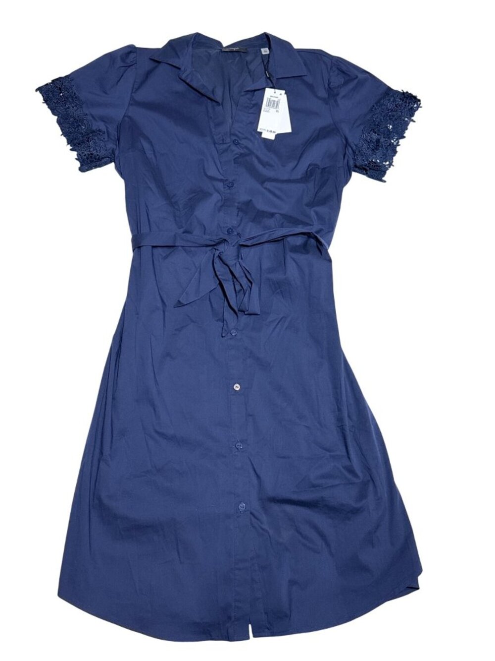 NWT T Tahari Navy Lace-Trim Short-Sleeve Shirt Dress XL MSRP $148